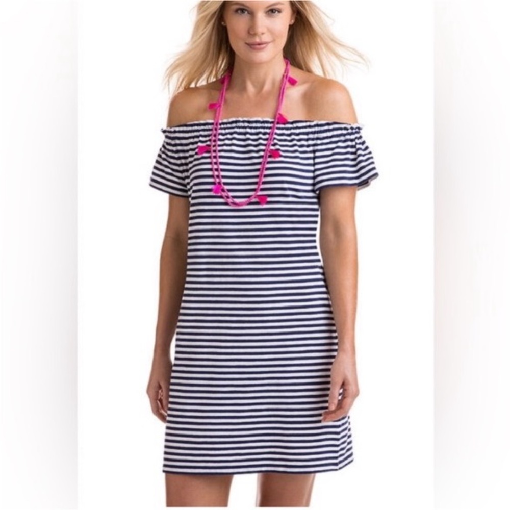 Vineyard Vines blue and white stripe off the shoulder dress